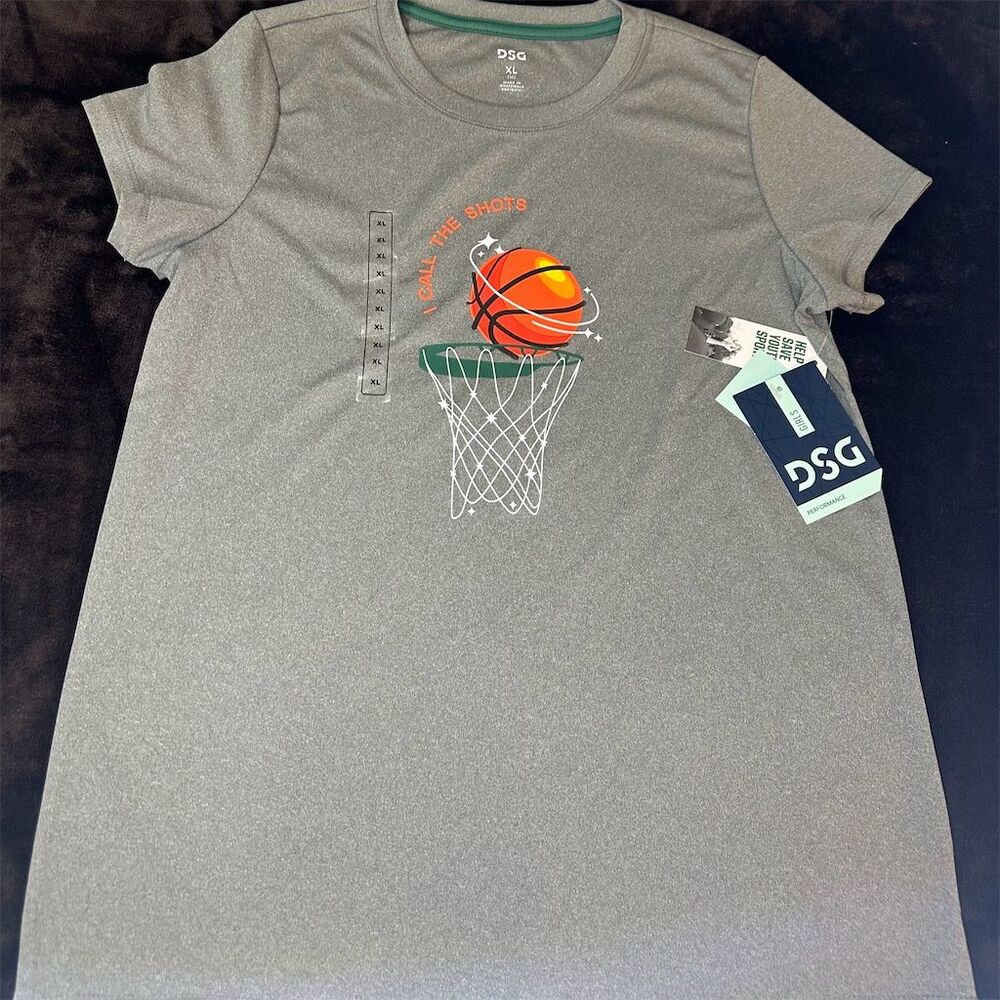 DSG Girls XL Graphic Tee Dark Heather Grey Short Sleeve Sports Top NWT